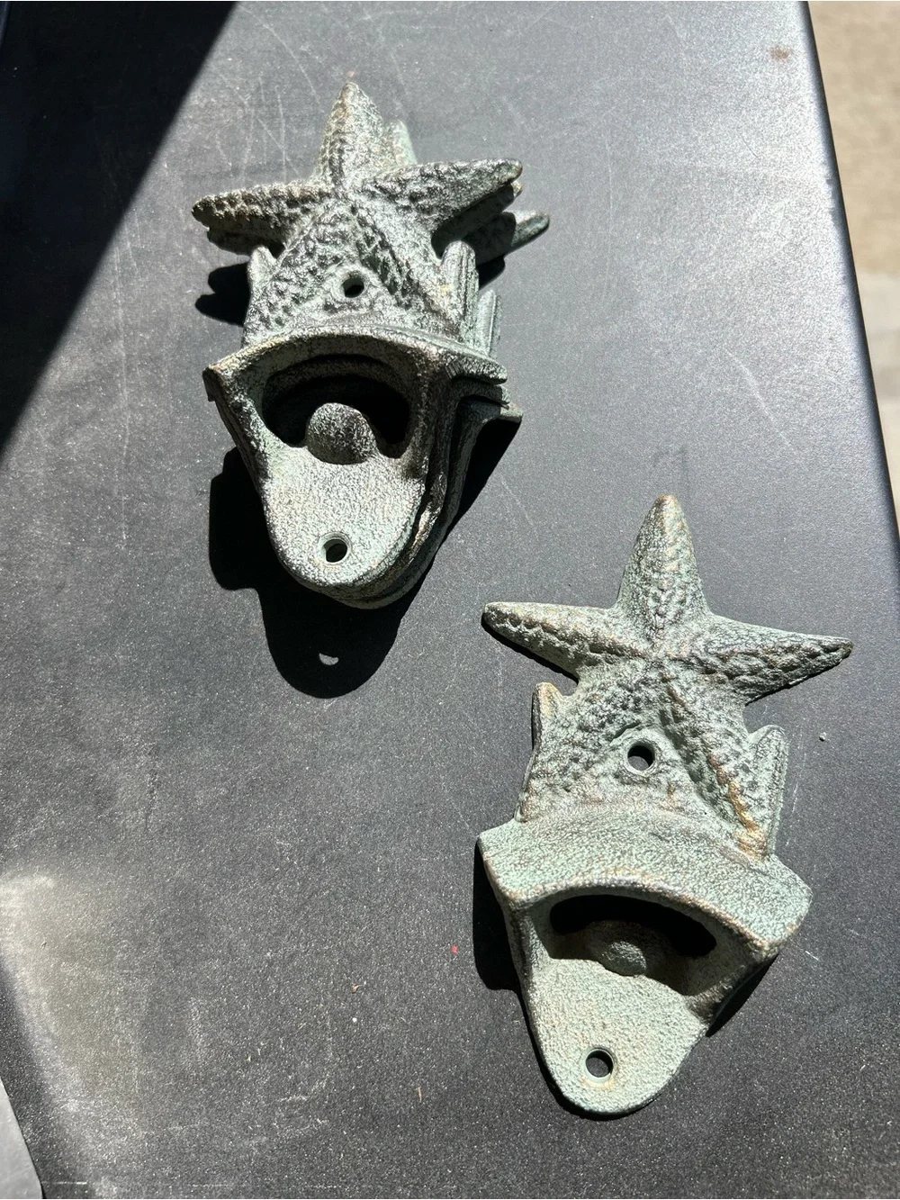 VTG Cast Iron Rustic Starfish Wall-Mount Bottle Opener - Green Patina-1 Starfish